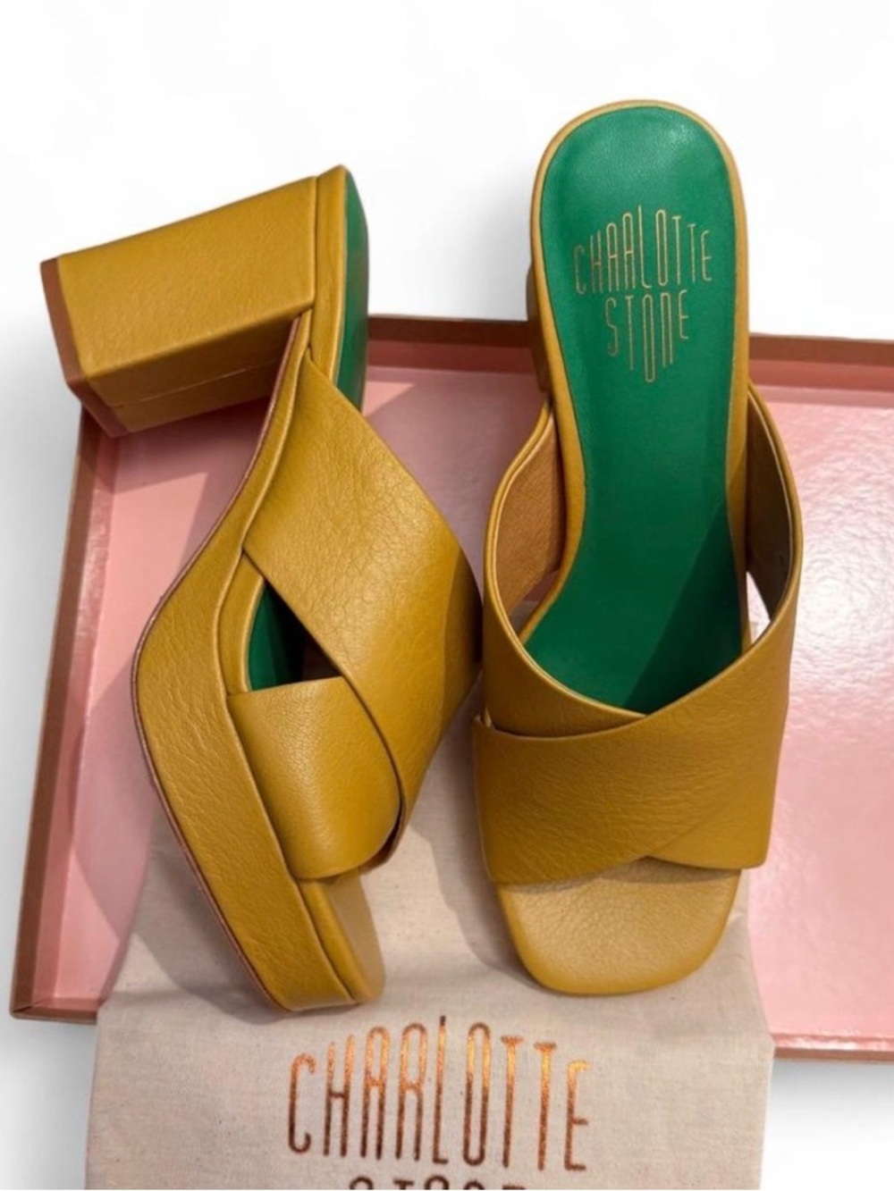 Charlotte Stone Mustard Leather Block Heel Sandals